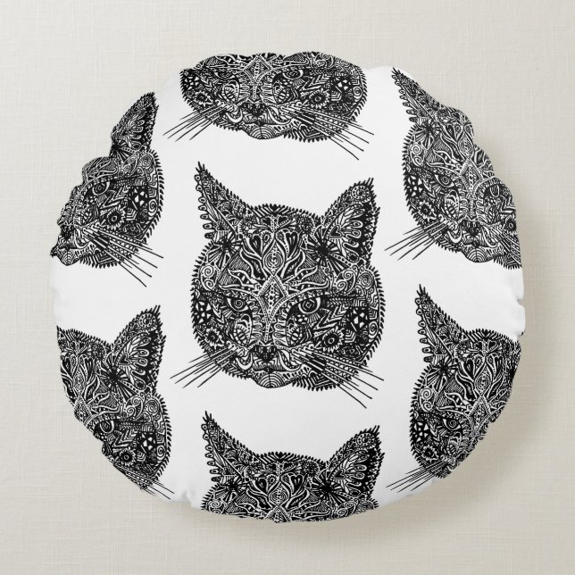 Cojín Redondo Retrato de gato ornamental blanco y negro (Anverso)