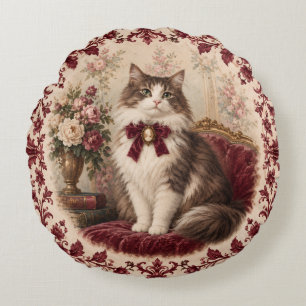 Cojín Redondo Retrato de gato victoriano floral burgundy vintage
