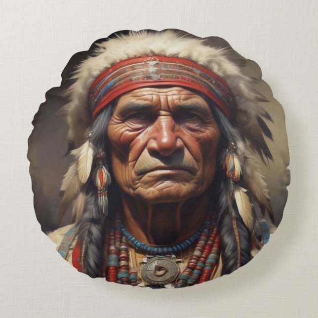 Cojín Redondo Retrato de Geronimo Jefe de la India (Anverso)