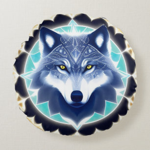 Cojín Redondo Retrato de lobo con ojos dorados intensos
