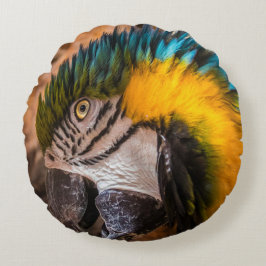 Cojín Redondo Retrato de macao azul y amarillo