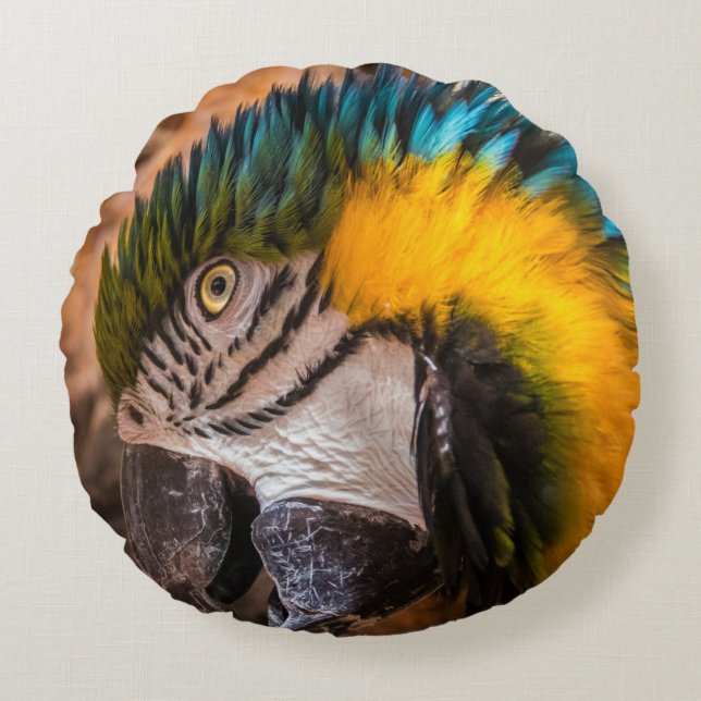 Cojín Redondo Retrato de macao azul y amarillo (Anverso)