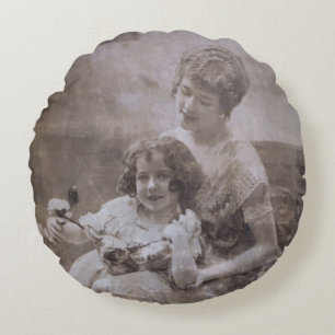 Cojín Redondo Retrato de madre e hijo de la vieja Sepia