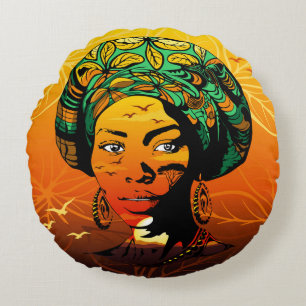 Cojín Redondo Retrato de mujer africana con puesta de sol