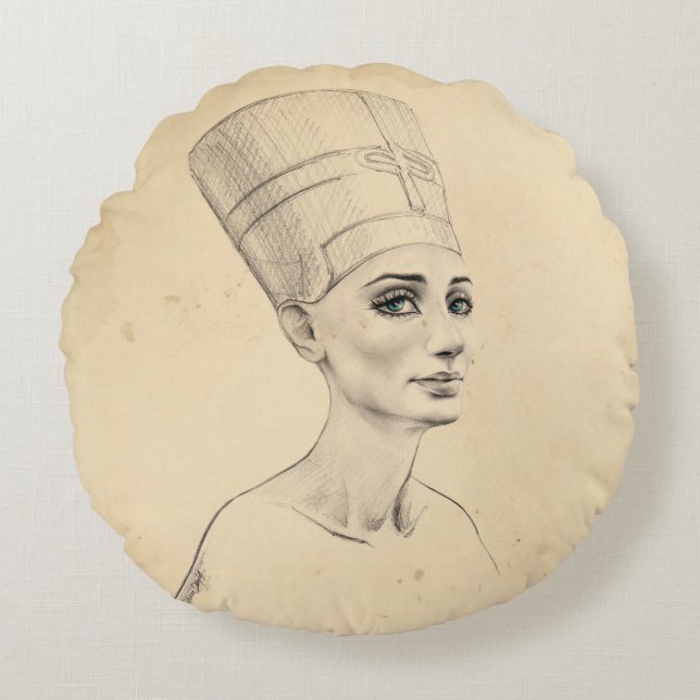 Cojín Redondo Retrato de Nefertiti dibujando papiro del Antiguo  (Anverso)
