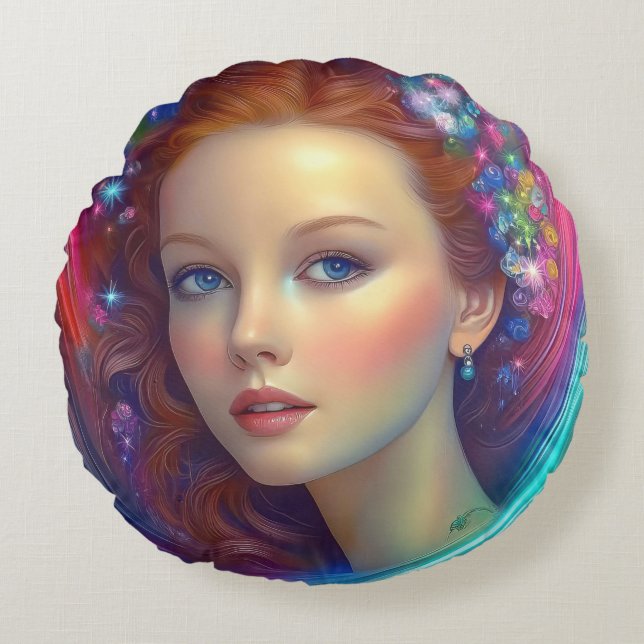 Cojín Redondo Retrato de pelo arcoiris encantado (Anverso)