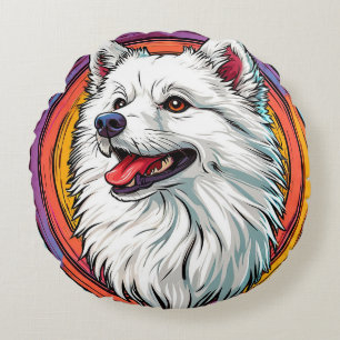 Cojín Redondo Retrato de Perro Blanco Esponjoso 🐾  Estilo Artís