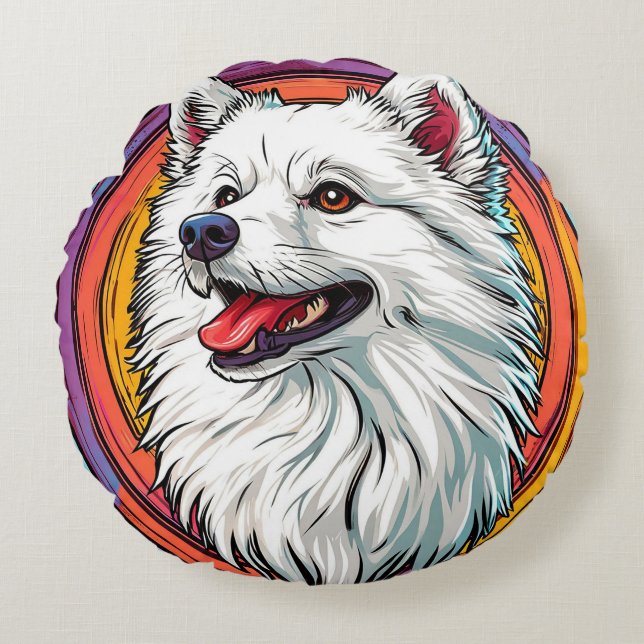 Cojín Redondo Retrato de Perro Blanco Esponjoso 🐾  Estilo Artís (Anverso)