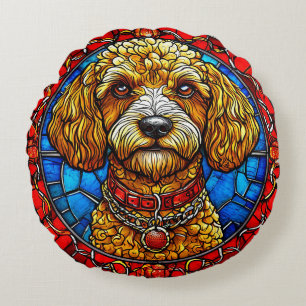 Cojín Redondo Retrato de perro en vidrio emplomado colorido