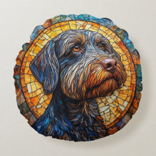 Cojín Redondo Retrato de perro en vidrio emplomado colorido