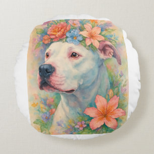 Cojín Redondo Retrato de Pit Bull Floral Colorido de Impresión T