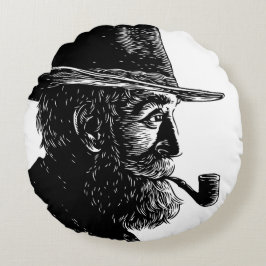 Cojín Redondo Retrato de puntos y líneas: anciano sabio fumando