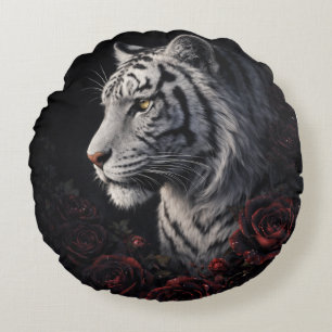 Cojín Redondo Retrato de Tigre Blanco – Poder Tranquilo y Mirada