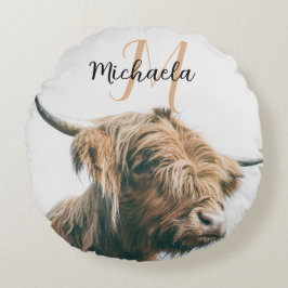 Cojín Redondo Retrato de vaca de Highland nombre personalizado m