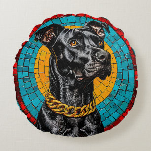 Cojín Redondo Retrato en mosaico de un perro negro