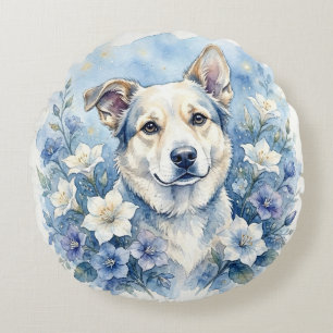 Cojín Redondo Retrato floral botánico de perro en acuarela