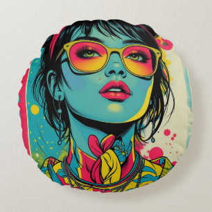Cojín Redondo Retrato Neon Pop Diva - Arte Retro Audaz y Vibrant