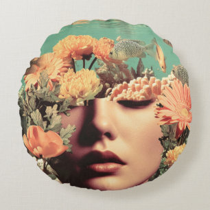 Cojín Redondo Retrato submarino surrealista con flores de coral