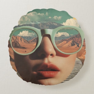 Cojín Redondo Retrato Surrealista Con Gafas Que Reflejan Desiert