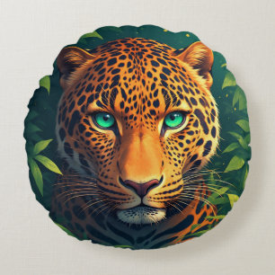Cojín Redondo Retrato vibrante de leopardo con ojos esmeralda
