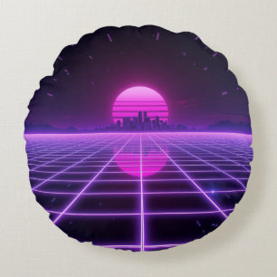 Cojín Redondo Retro 80s Neon Synthwave Cuadrícula