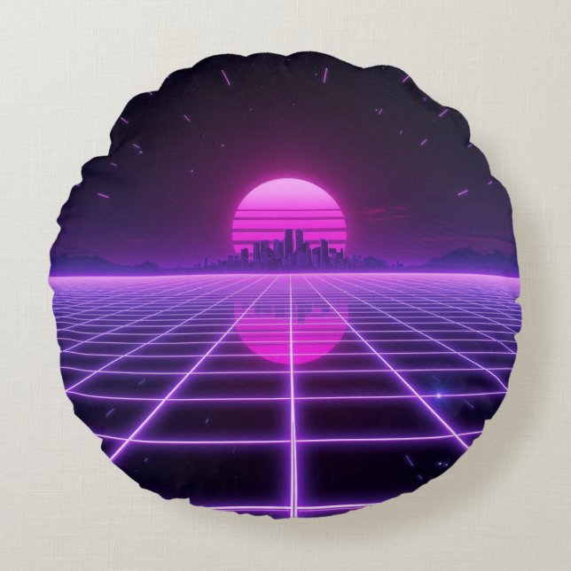 Cojín Redondo Retro 80s Neon Synthwave Cuadrícula (Anverso)