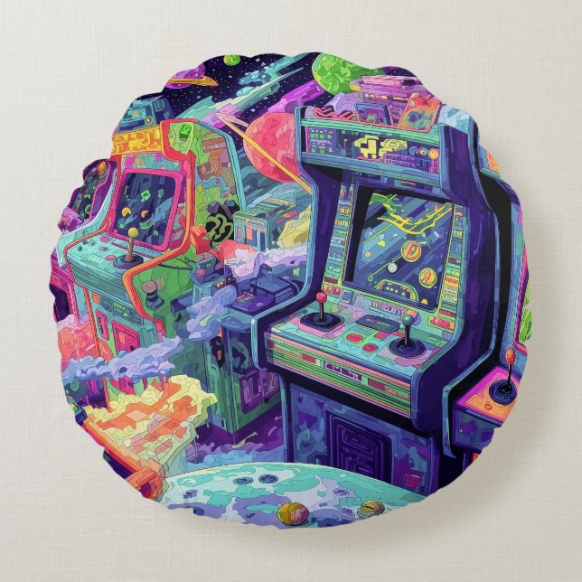 Cojín Redondo Retro Arcade Machines in Space (Anverso)