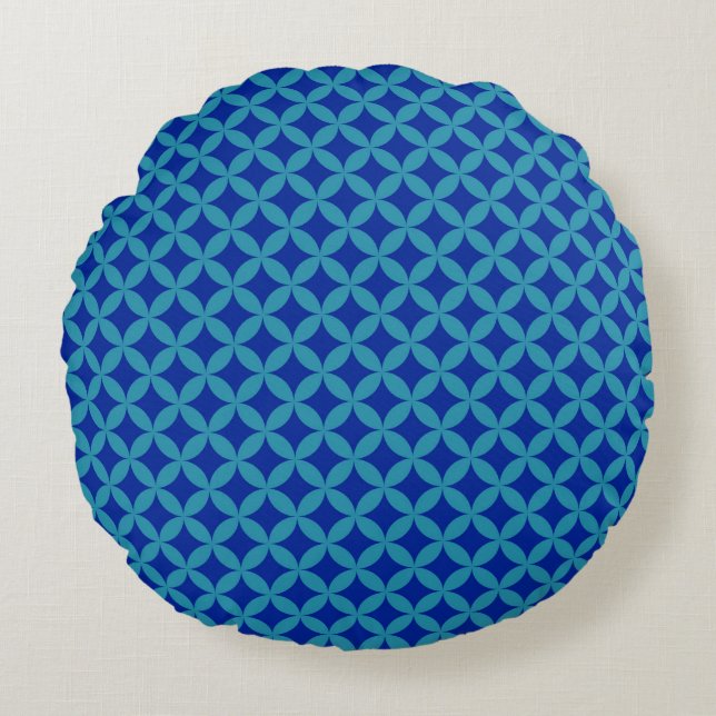 Cojín Redondo Retro azul marino turquesa Circle Rosette Lattice (Anverso)