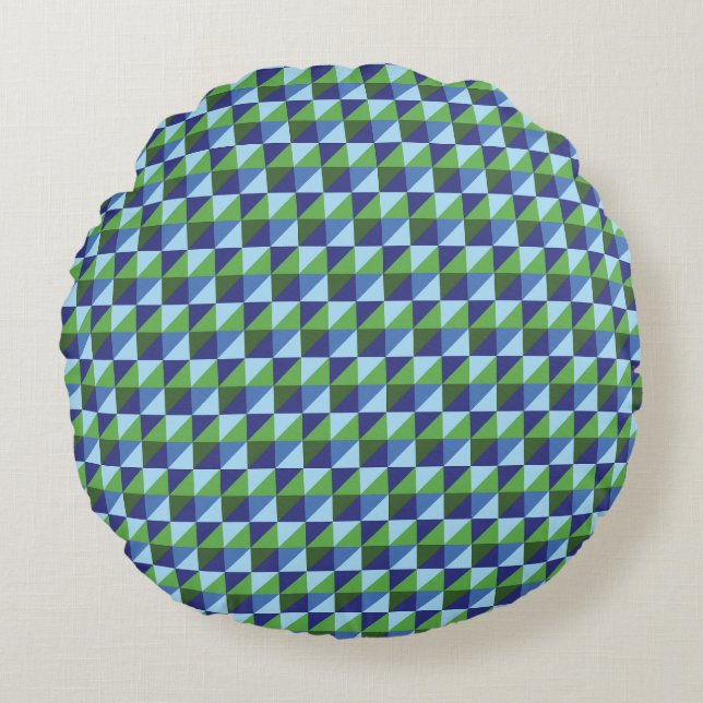 Cojín Redondo Retro Azul y Verde Geométrico Triángulo Abstracto (Anverso)
