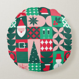 Cojín Redondo Retro Bauhaus Navidad Parche Red Verde