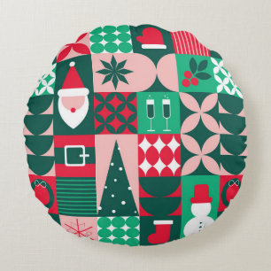 Cojín Redondo Retro Bauhaus Navidad Parche Red Verde