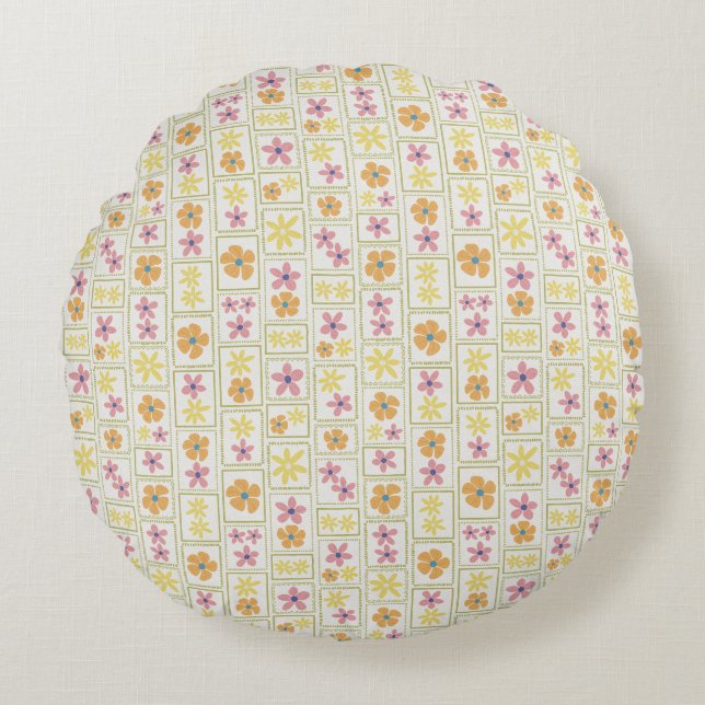 Cojín Redondo Retro Cream Patchwork Floral 16"  (Anverso)