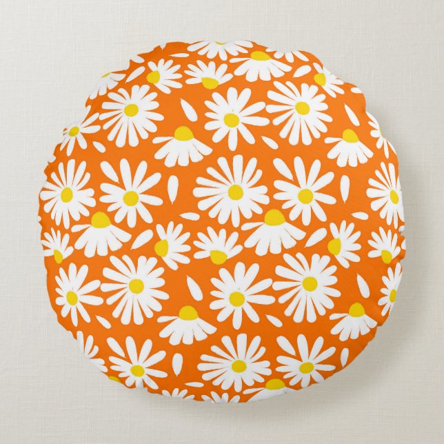 Cojín Redondo Retro daisy floral: cosecha naranja. (Anverso)