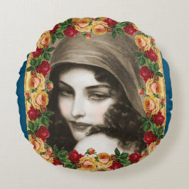 Cojín Redondo Retro de color con encaje y flores