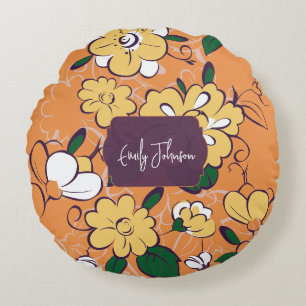 Cojín Redondo Retro Floral Daisy Naranja Otoño Nombre Personaliz