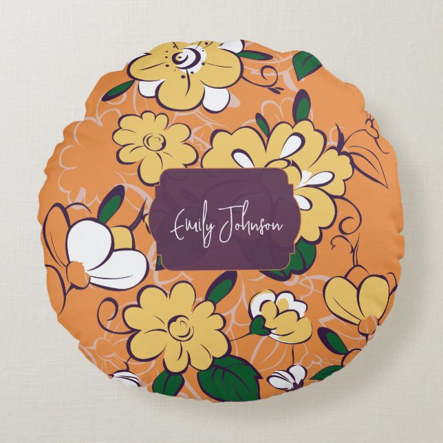 Cojín Redondo Retro Floral Daisy Orange Autumn Custom Name (Anverso)