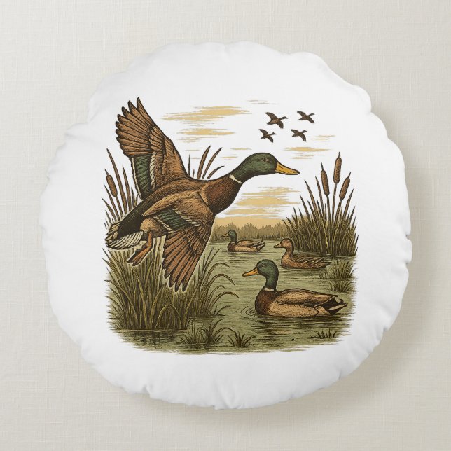 Cojín Redondo Retro-Flying-Mallard-Duck-Hunting (Anverso)