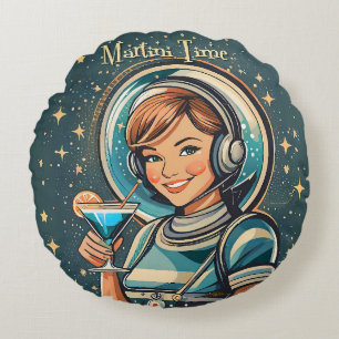 Cojín Redondo Retro Futurista Chica Astro Tiempo de Martini