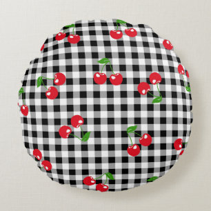 Cojín Redondo Retro Gingham Cereza Lindo Rojo y Negro Cuadros