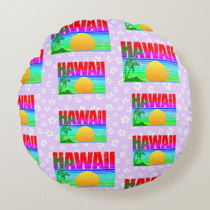 Cojín Redondo Retro Hawaii Sunset Beach Purple Hibiscus