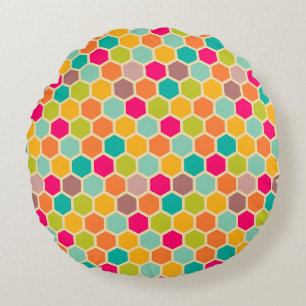 Cojín Redondo Retro hexagonal de Naranja verde azul