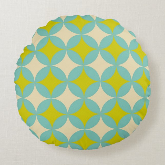 Cojín Redondo Retro Mustard and Teal Geometric Circle Pattern (Anverso)
