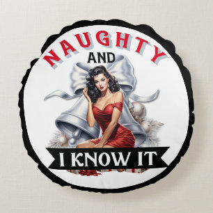 Cojín Redondo Retro Naughty y lo sé Navidades Pinup