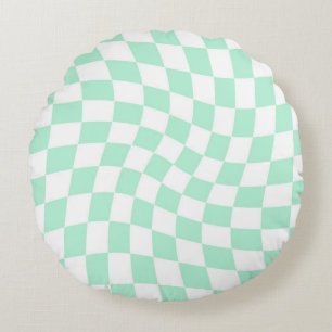 Cojín Redondo Retro Pastel Mint Green Checks Warped Checkered
