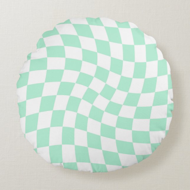 Cojín Redondo Retro Pastel Mint Green Checks Warped Checkered (Anverso)
