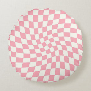Cojín Redondo Retro Pastel Pink Checks Warped Checkered Dorm