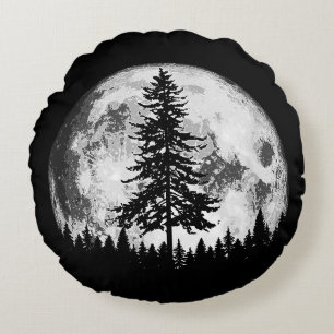 Cojín Redondo Retro Pleno Luna y Minimalista Pino Árbol Vintage 
