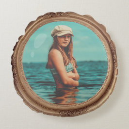 Cojín Redondo Retro Retro Retrato de estilo Dorado