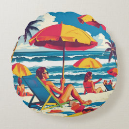 Cojín Redondo Retro Summer Beach Scene Throw Pillow
