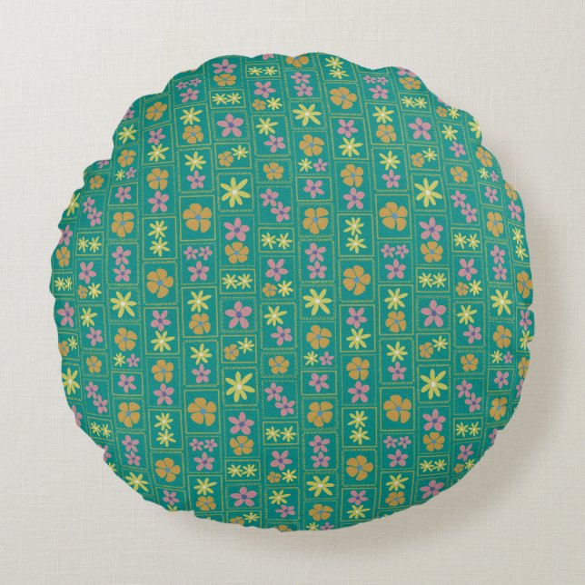 Cojín Redondo Retro Teal Patchwork Floral 16"  (Anverso)
